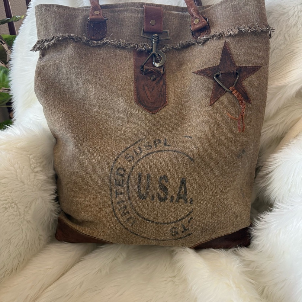 Mona B USA Military Inspired Canvas Tote Bag Leather Trim Fringe